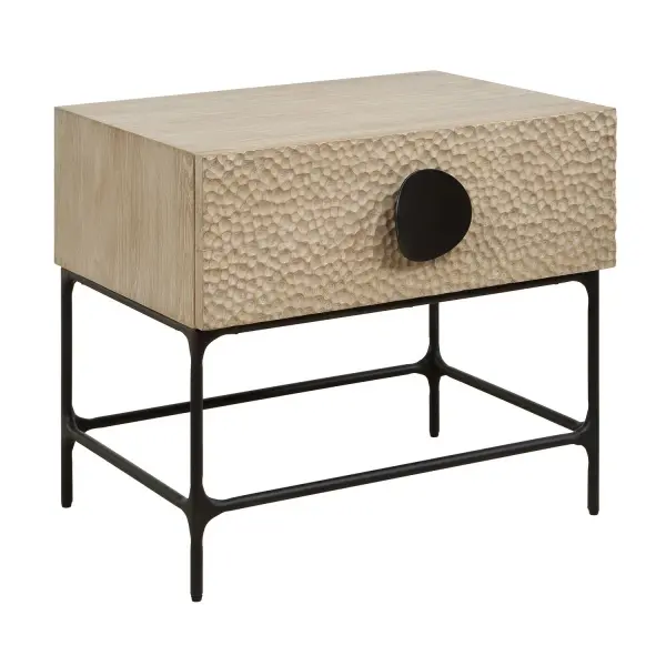 The Lunar Side Table Is Crafted From Beautiful Elm Veneer And Carved Elm Solids Which Display Deep Rich Grains Highlighting All The Tables Intricate Details, Finish, And Design. This Side Table Is Beautifully Contrasted By Its Scooped Drawer Pull And Solid Black Iron Legs. Collection: Lunar Finish: Solid Black Width: 26.00" Height: 23.00" Length: 19.00" Weight: 39.60 lb Material: Elm,Elm Veneer, Plywood, Iron Country of Origin: China Safety Rating: Indoor Only