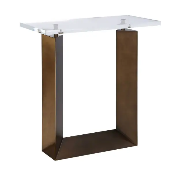 This Striking Side Table Features A Robust Iron Base In An Bonze Finish, Perfectly Contrasted By A Clear, Sleek Acrylic Tabletop. Collection: McElroy Designer: Grace Feyock Finish: Bronze Width: 23.50" Height: 25.00" Length: 11.38" Weight: 13.00 lb Material: IRON, ACRYLIC Country of Origin: China Safety Rating: Indoor Only