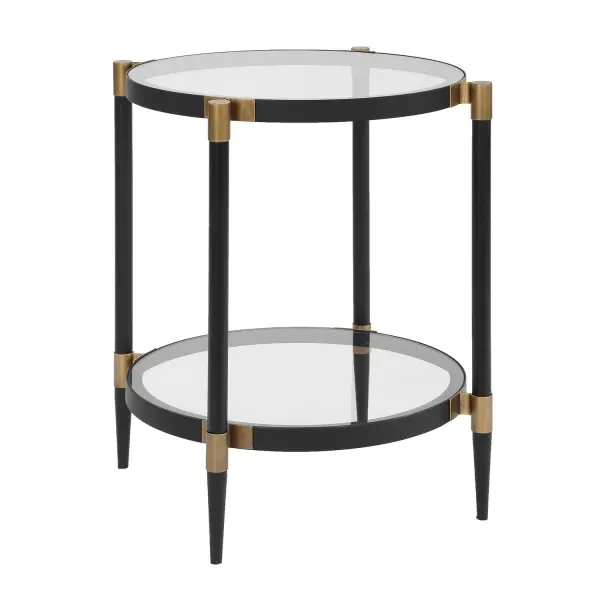 This Elegant Side Table Features A Sleek Black Iron Frame With Sophisticated Gold Accents. It Includes Two Tempered Glass Shelves For A Light And Airy Feel. Collection: Chadid Designer: Grace Feyock Finish: Black Iron Width: 21.75" Height: 23.75" Length: 21.75" Weight: 22.00 lb Material: IRON, TEMPERED GLASS Country of Origin: China Safety Rating: Indoor Only