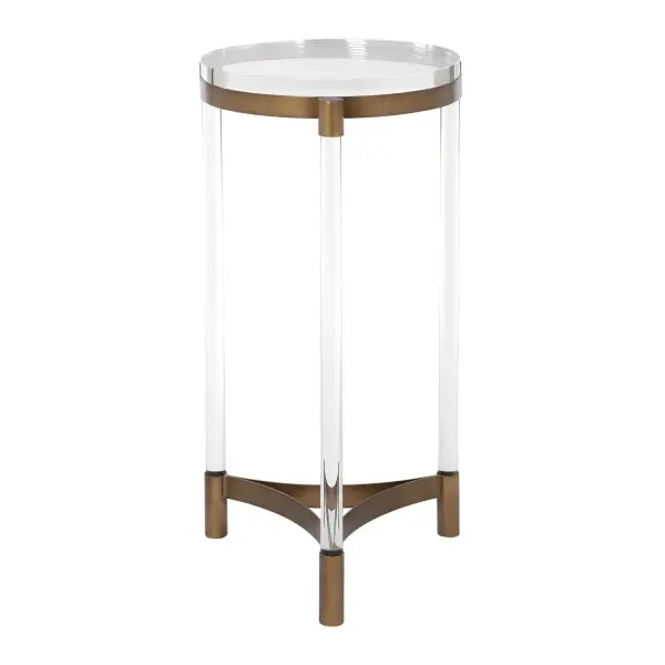 This Stylish Accent Table Features A Bronze-finished Iron Frame, Complemented By Three Clear Acrylic Legs And A Coordinating Top. Collection: Pereira Designer: Grace Feyock Finish: Bronze Width: 13.13" Height: 24.88" Length: 13.13" Weight: 9.00 lb Material: IRON, ACRYLIC Country of Origin: China Safety Rating: Indoor Only