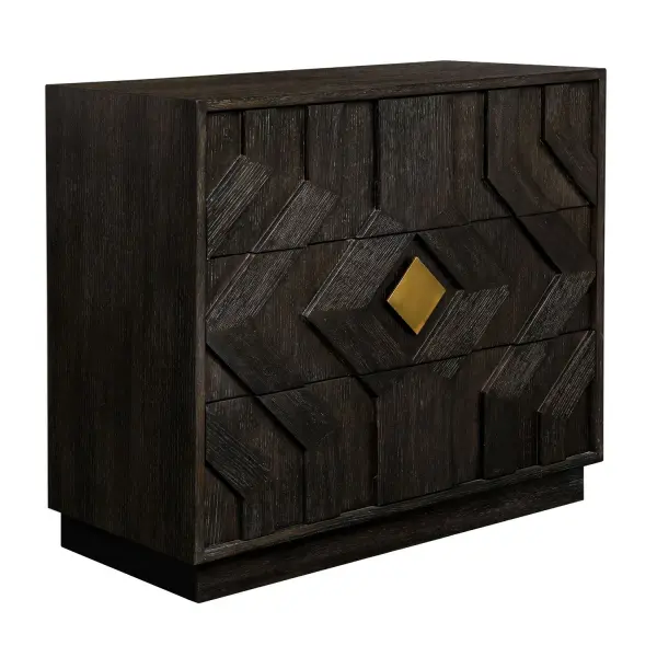 This Elegant Three Drawer Chest Beautifully Merges Contemporary Charm With Modern Sophistication. The Chest Showcases Both Beautiful Oak Grains In A Stunning Chevron Pattern And Brushed Gold Metal Drawer Pulls For A Touch Of Luxury. Collection: Faulkner Designer: Matthew Williams Finish: Brushed Gold Width: 38.00" Height: 32.75" Length: 17.00" Weight: 158.00 lb Material: MDF OAK VENEER AND OAK WOOD Country of Origin: Indonesia Safety Rating: Indoor Only