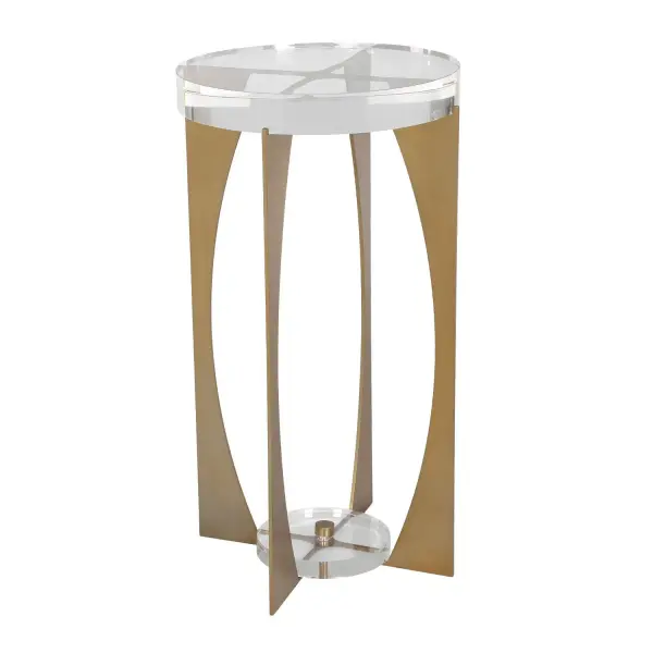 This Elegant Accent Table Features A Striking Brass Finished Iron Base With A Unique, Open-frame Design. The Metalwork Is Beautifully Complemented By A Crystal Tabletop And A Matching Clear Acrylic Base Plate. Collection: Kolkata Designer: John Kowalski Finish: Brass Width: 13.75" Height: 24.00" Length: 13.75" Weight: 36.47 lb Material: IRON, CRYSTAL Country of Origin: China Safety Rating: Indoor Only