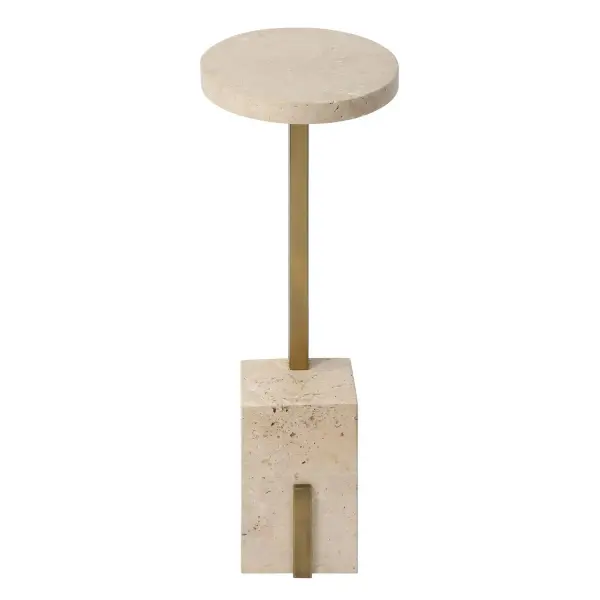 The Feranno Accent Table Beautifully Pairs An Oval Travertine Top With A Substantial Travertine Base Featuring A Sleek Brass Support. Collection: Feranno Designer: John Kowalski Finish: Brass Width: 12.00" Height: 22.00" Length: 8.00" Weight: 22.76 lb Material: Travertine,IRON Country of Origin: China Safety Rating: Indoor Only