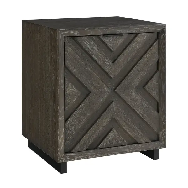 This Stylish One-door Cabinet Features A Dark Charcoal Oak Veneer With A Striking Chevron Wood Grain Pattern On The Front. It Is Supported By Sleek Black Iron Legs And A Matching Door Pull. Collection: Barrett Designer: Osvaldo Mendoza Finish: Black Width: 22.00" Height: 26.00" Length: 20.00" Weight: 68.00 lb Material: OAK VENEER BOARD, IRON Country of Origin: Vietnam Safety Rating: Indoor Only