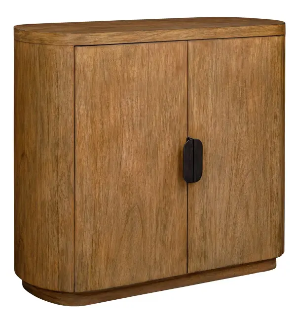 Crafted From Mindi Wood With A Beautiful Natural Finish, This Two Door Accent Chest Features Clean, Curved Lines And A Rounded Silhouette. It Is Finished With Two Streamlined Doors And A Sleek, Dark Bronze Door Pull. Collection: Newell Designer: David Frisch Finish: Dark Bronze Width: 38.00" Height: 33.00" Length: 16.00" Weight: 93.70 lb Material: MDF MINDI VENEER AND MINDI WOOD Country of Origin: Indonesia Safety Rating: Indoor Only