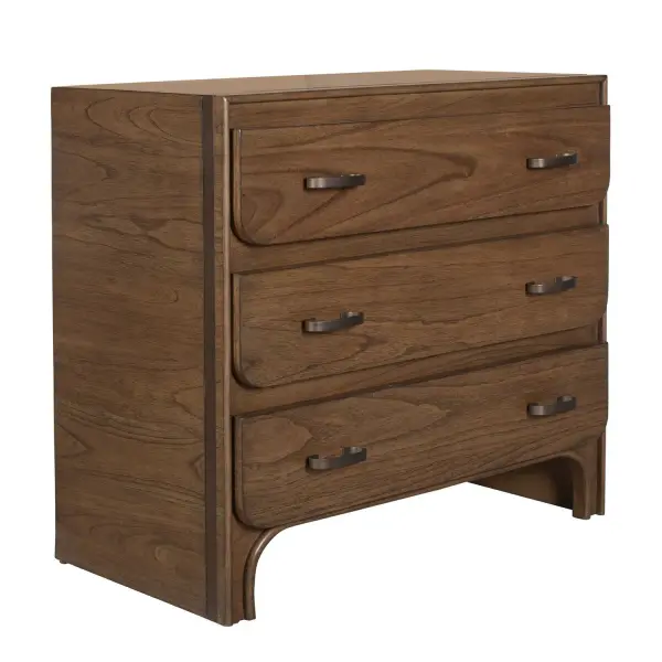 This Charming Three-drawer Chest Is Crafted From Mindi Wood And Mindi Wood Veneer, Showcasing A Beautiful, Natural Brown Finish That Highlights The Wood's Distinctive Grain. Each Drawer Is Accented With A Sleek, Black Metal Pulls. Collection: McKagan Designer: Matthew Williams Finish: Natural Brown Width: 33.00" Height: 30.75" Length: 18.00" Weight: 136.00 lb Material: MDF MINDI VENEER AND MINDI WOOD Country of Origin: Indonesia Safety Rating: Indoor Only