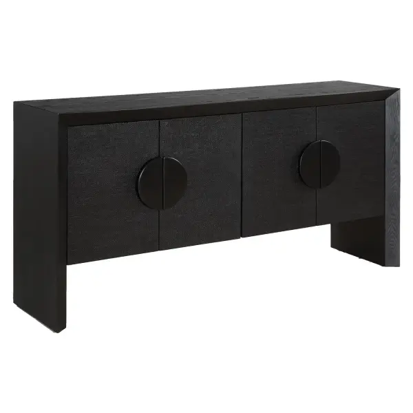 Crafted From Fir Wood, This 4 Door Cabinet Is Color Drenched In Black. It Features Textured Black Grasscloth Covered Doors And Distinctive Iron Half Moon Pulls, Achieving A High End Monochromatic Look. Collection: Williams Finish: Black Width: 63.78" Height: 32.28" Length: 16.14" Weight: 92.81 lb Material: Fir,Grasscloth,Iron,MDF Country of Origin: China Safety Rating: Indoor Only