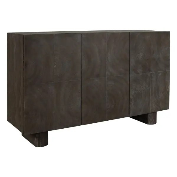 A three-door storage cabinet with a hypnotic circular wood-grain veneer and rich walnut finish, built on durable oak construction for lasting everyday use.