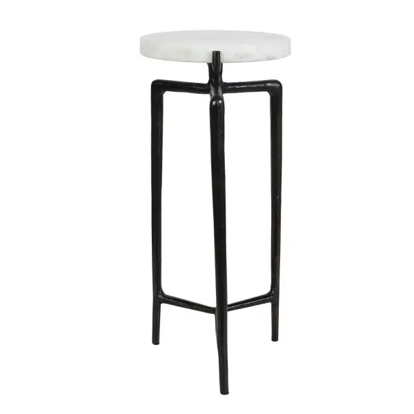 Perched On A Dramatic, Sculptural Base Crafted Of Cast Aluminum In An Antiqued Dark Bronze Finish, This Sleek Drink Table Is Crowned With A Substantial Thick, White Marble Slab With Natural Veining. Due To The Nature Of Marble, Each Piece Will Have A Unique Coloration And Veining Pattern. Collection: Tobias Finish: Dark Bronze Width: 10.50" Height: 24.00" Length: 10.50" Weight: 15.14 lb Material: ALUMINUM ,WHITE MARBLE Country of Origin: India Safety Rating: Indoor Only