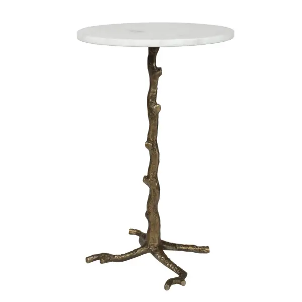 The Calais Accent Table Features A Cast Aluminum Base In Antique Brass, Sculpted To Look Like A Living Branch Growing Upward To Support A Luxurious Banswara White Marble Slab. Due To The Nature Of Natural Stone, Every Piece Will Vary Slightly Ensuring Yours Is Unique. Collection: Calais Finish: Antique Brass Width: 14.00" Height: 22.00" Length: 14.00" Weight: 12.00 lb Material: ALUMINIUM, BANSWADA WHITE MABLE Country of Origin: India Safety Rating: Indoor/Outdoor
