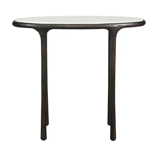 This Unique Accent Table Is A Sculptural Piece Crafted From Cast Aluminum In A Dark Bronze Finish, Slender Tapered Legs Seamlessly Merge With A White Marble Oval Tabletop. True To The Nature Of Natural Materials, Each Piece Will Have Unique Marbling And Veining Throughout. Collection: Ata Finish: Dark Bronze Width: 24.00" Height: 22.00" Length: 9.00" Weight: 19.00 lb Material: ALUMINIUM, MARBLE Country of Origin: India Safety Rating: Indoor Only