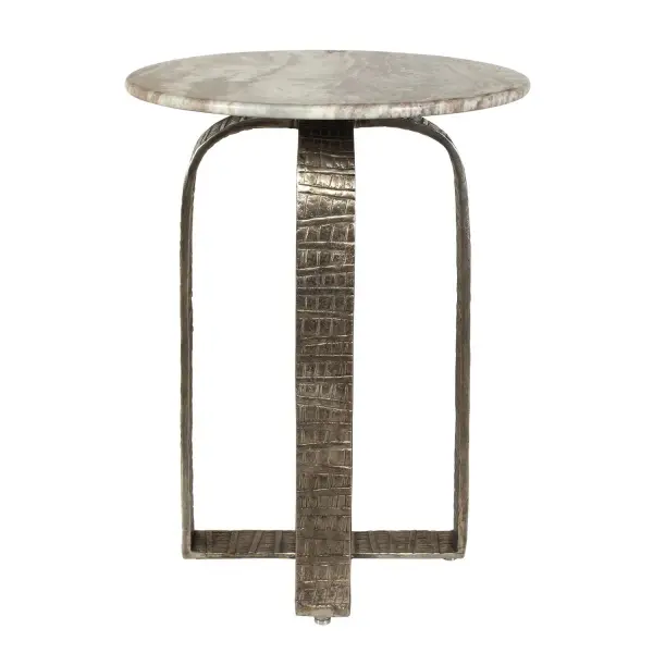 Elevate Your Space With This Sophisticated Side Table, Featuring A Cast Aluminum Base In A Antiqued Champagne Finish. The Sculptural, Textured Base Is Topped With A Thick Slab Of Toronto Marble, Showcasing Dramatic Brown And White Veining For A Striking, One-of-a-kind Look. Due To The Nature Of Marble, Each Piece Will Have A Unique Coloration And Veining Pattern. Suitable For Both Indoor And Outdoor Use. Collection: Warner Designer: David Frisch Finish: Antiqued Champagne Width: 18.00" Height: 24.00" Length: 18.00" Weight: 28.00 lb Material: ALUMINIUM Country of Origin: India Safety Rating: Indoor/Outdoor