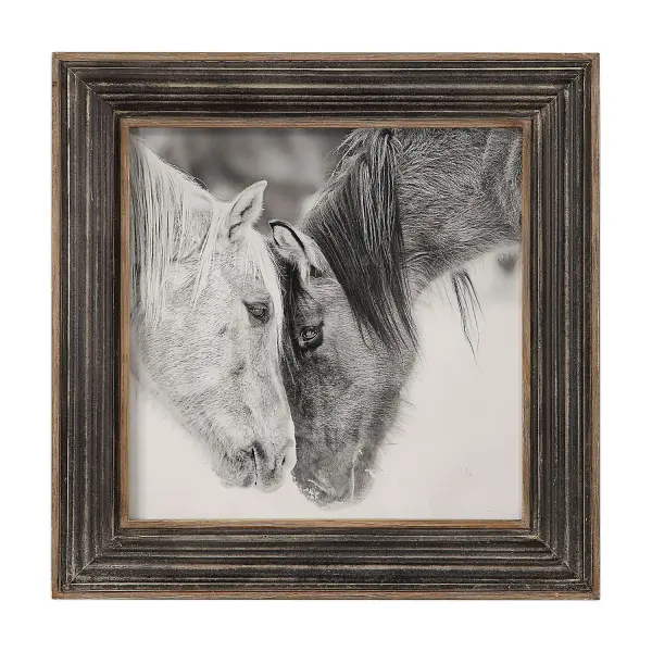 A black and white horse photograph in a distressed wood and metal frame with corrugated ridges, adding rustic texture and dimension to any wall.
