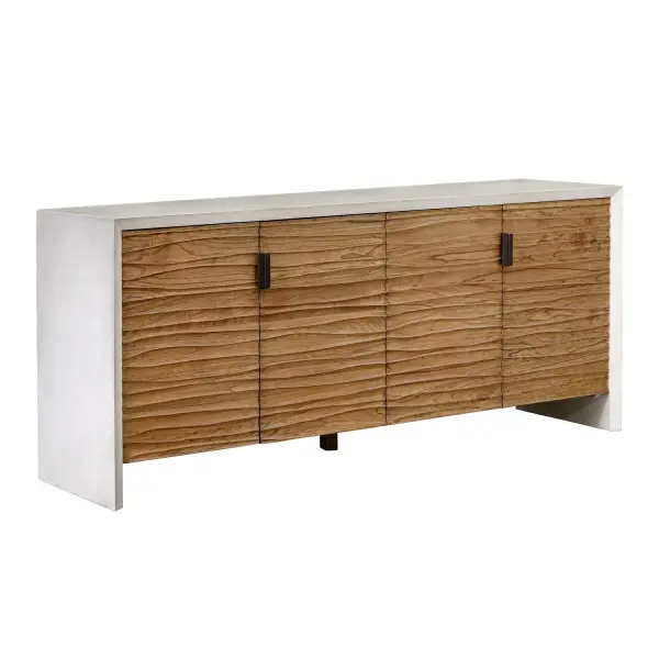 Brinson Features A Clean, Warm White Silhouette With Rich, Carved Mindi Wood Door Fronts In A Medium Finish. The Mixed Wood Construction And Dark Bronze Door Pulls Offer A Refined Take On Organic Storage Solutions. Collection: Brinson Designer: David Frisch Finish: Dark Bronze Width: 75.00" Height: 32.50" Length: 18.00" Weight: 168.00 lb Material: MDF MINDI VENEER AND MINDI WOOD Country of Origin: Indonesia Safety Rating: Indoor Only