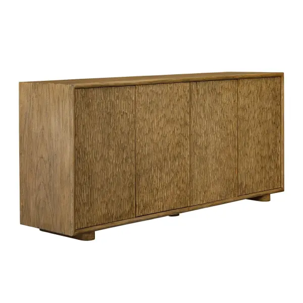 This Four-door Cabinet Is Expertly Crafted From Mindi Wood In A Warm, Natural Finish. The Solid Wood Doors Are Carved With A Chiseled Texture, Adding Depth And Creating A Striking Visual Contrast That Enhances The Overall Design And Depth Of The Cabinet. Collection: Stevenson Finish: Natural Width: 74.00" Height: 34.00" Length: 18.00" Weight: 174.00 lb Material: MDF MINDI VENEER AND MINDI WOOD Country of Origin: Indonesia Safety Rating: Indoor Only