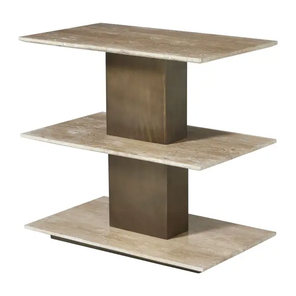 A three-tiered travertine stone accent table offering unique veining and practical display surfaces, ideal for organic-modern interiors.