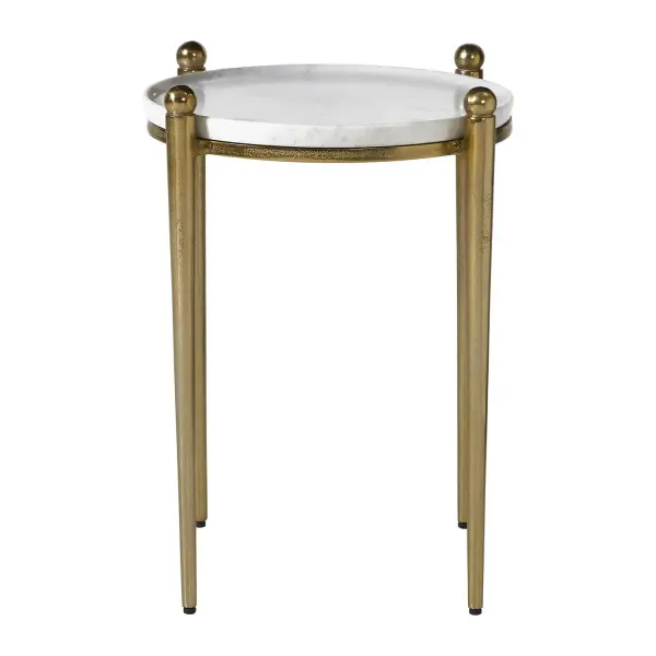 Four Elegantly Tapered Legs Topped With Decorative Sphere Accents Give This Cast Aluminum Table A Refined Architectural Feel. Finished In Antique Brass, The Base Perfectly Complements The Inset White Marble Tabletop And Its Subtle, Natural Veining. True To The Nature Of Natural Materials, Each Piece Will Have Unique Marbling And Veining Throughout. Collection: Nahunta Finish: Antique Brass Width: 18.00" Height: 22.00" Length: 18.00" Weight: 21.00 lb Material: ALUMINIUM, MARBLE Country of Origin: India Safety Rating: Indoor Only