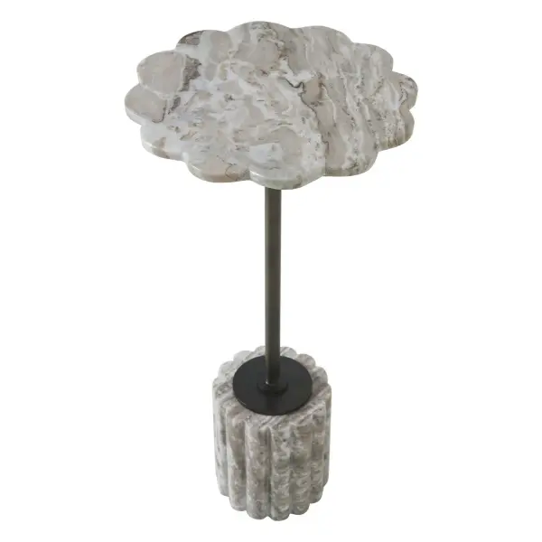 A petite accent table pairing natural-veined marble with a fluted dark bronze iron stem—refined, compact, and full of organic character.