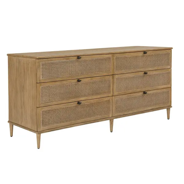 A 72-inch mindi wood chest with rattan cane door fronts, soft oak finish, and six drawers with dark gunmetal hardware. Great statement storage piece.