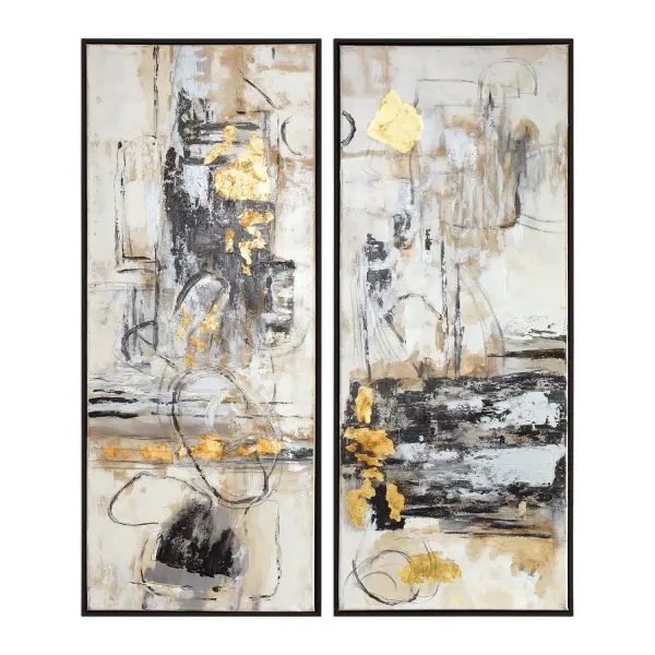A handcrafted abstract canvas in black, gray, and gold tones with a satin black gallery frame. Each piece varies slightly due to its handmade nature, adding unique character to any wall.