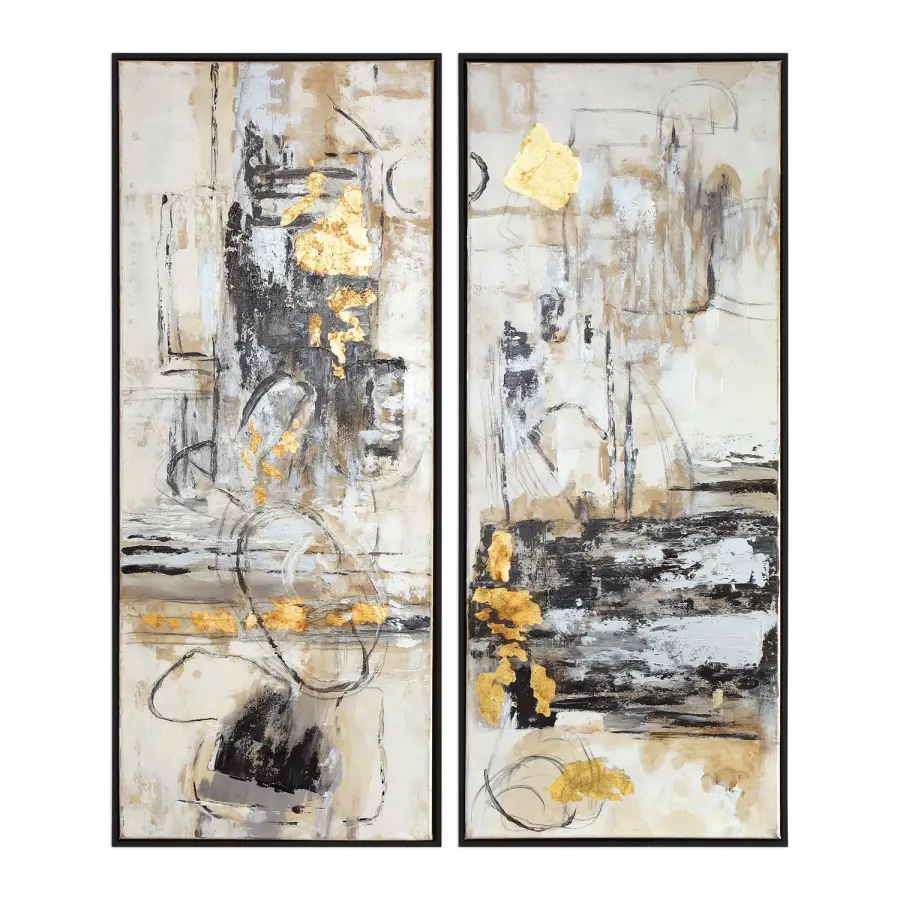 Life Scenes Hand-Painted Wall Art in Black with Gold Leaf Accents