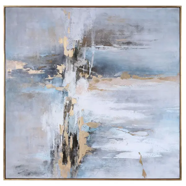 A large hand-painted abstract canvas in soft gray and blue tones with gold leaf accents, framed in an antique gold gallery frame. Each piece is unique.