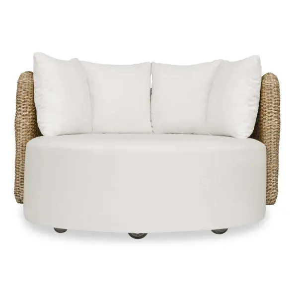 Unwind In The Sun With The Inviting Sunset Outdoor Swivel Day Bed. Featuring An Oversized, Sculpted Back That Is Hand Woven In Twisted Oatmeal All-weather Wicker. Its Plush Seat And Throw Pillows Are Upholstered In Oyster White Solution Dyed Acrylic Fabric Designed To Withstand The Moisture And Dirt That Comes With Outdoor Use. Collection: Sunset Designer: Matthew Williams Finish: Light Gray Width: 54.75" Height: 31.20" Length: 51.75" Weight: 88.00 lb Material: Metal Aluminium And Fabric Crescent Cloud Dancer Country of Origin: Indonesia Safety Rating: Outdoor Only