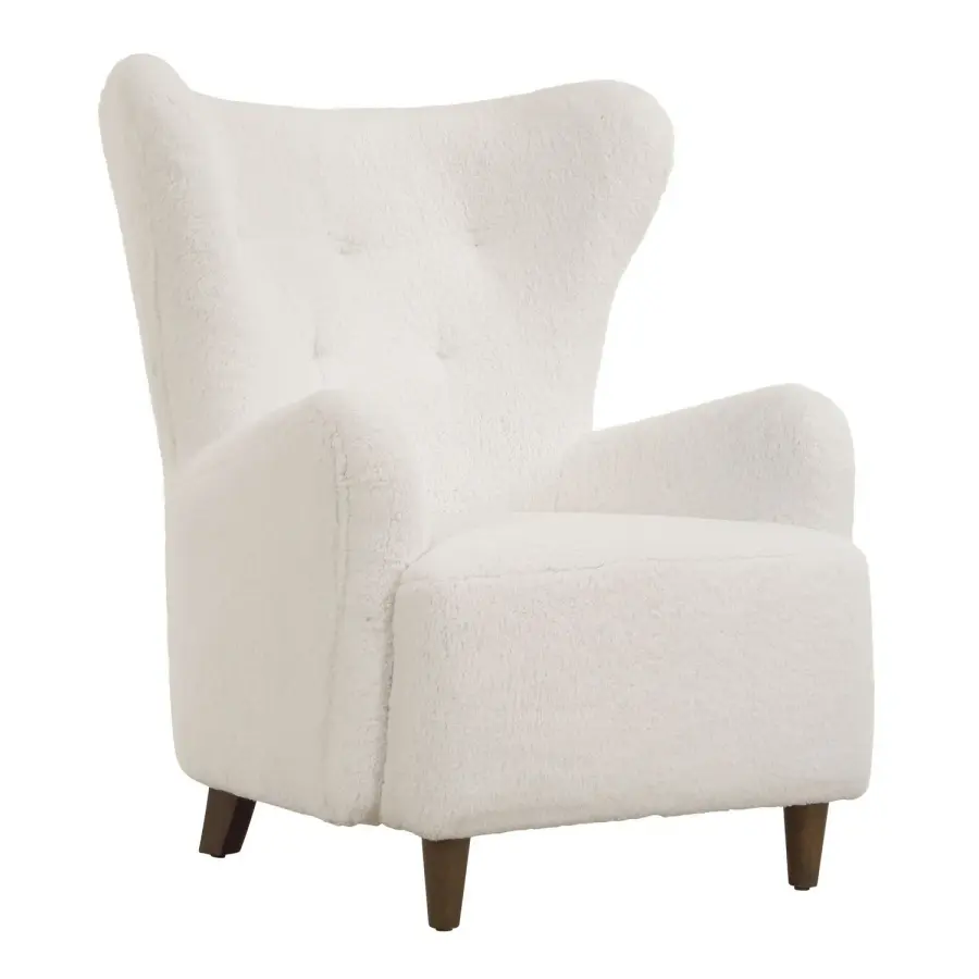 Ingel Wingback Armchair in White Faux Sheepskin with Walnut Legs