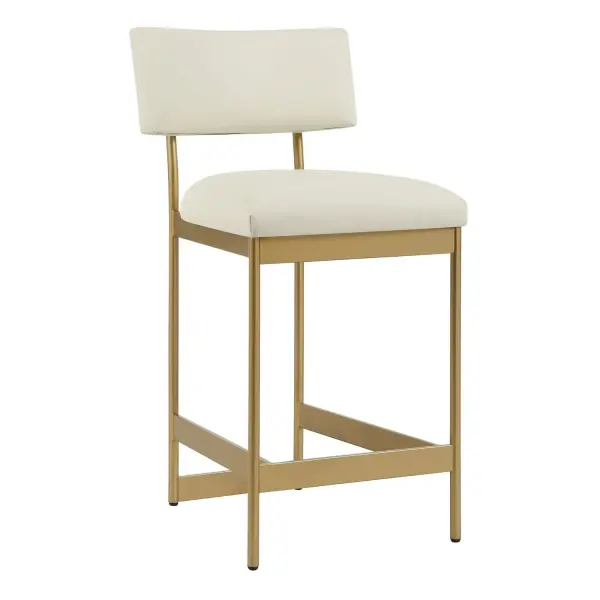 A sophisticated counter stool blending a slim gold iron frame with a floating winter white leather backrest for a refined, modern edge.
