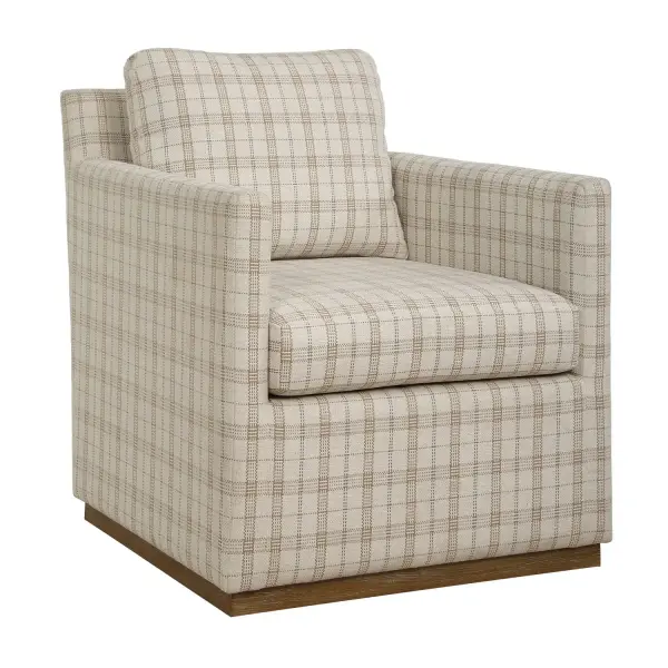 Experience Effortless Style And Comfort With This Swivel Club Chair Featuring A Solid Wood Plinth Base In Natural Oak. Tailored In A Casual Linen Blend Plaid In Beige And Taupe Tones. Collection: Basie Finish: Natural Oak Width: 31.50" Height: 31.00" Length: 27.75" Weight: 66.30 lb Material: SOLID WOOD,PLYWOOD,FOAM,FABRIC,HARDWARE Country of Origin: China Safety Rating: Indoor Only