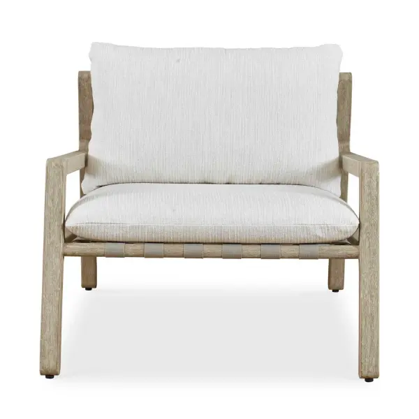 The Strapped Outdoor Lounge Chair Features A Casual, Laid Back Styling With A Mahogany Wood Frame In Cerused Wheat Accented With Taupe Back Straps Adding Function And Style. The Plush Cushions Are Upholstered In An Ivory Rattan Textured Sunbrella Solution Dyed Acrylic. Collection: Strapped Designer: PIETRO MORUCCI Finish: Mahogany Wood Width: 34.00" Height: 28.50" Length: 40.00" Weight: 23.00 lb Material: Mahogani Wood With Strapped Country of Origin: USA Safety Rating: Indoor/Outdoor