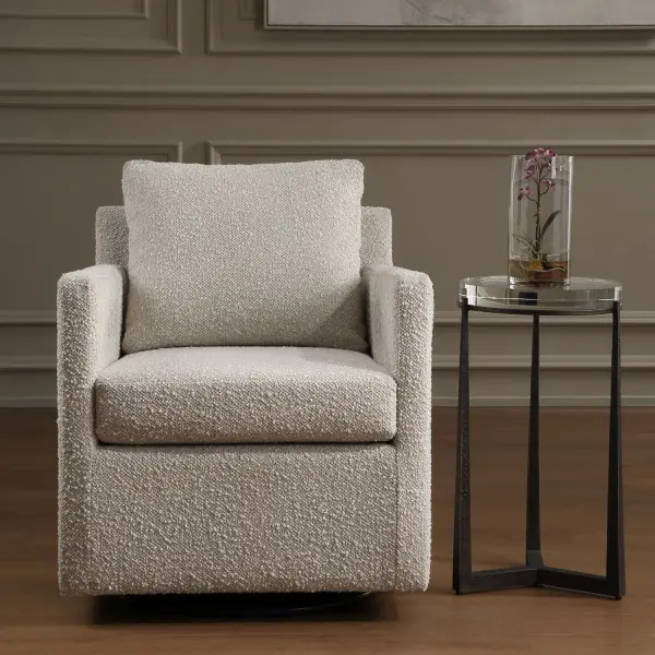 The Tisdell Features Comfortable Box Cushions And Swivel Gliding Base Make For A Perfect Place To Relax. Upholstered In A Chunky, Looped Cream Boucle With An Oatmeal Ground, It Offers A Wonderfully Tactile Texture And A Chic, Neutral Look Perfect For Any Space. Collection: Tisdell Finish: Cream Width: 26.50" Height: 33.00" Length: 31.50" Weight: 50.83 lb Material: Plywood, Hardwood, Fabric, Foam, Hardware Country of Origin: China Safety Rating: Indoor Only