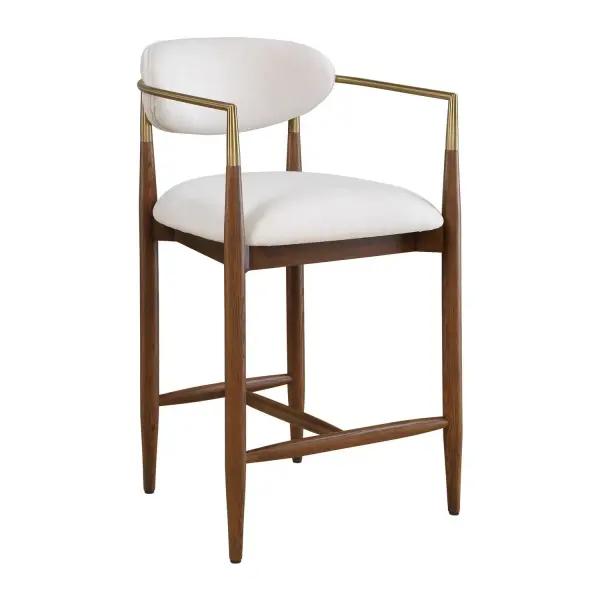 The Sleek Wraparound Frame Of The Moxie Counter Stool Exudes Style And Sophistication. The Tapered Solid Oak Wood Frame In A Natural Walnut Finish Is Accented By Metal Arms In Plated Brushed Brass. Its Plush Seat And Back Is Upholstered In A Finely Textured Off White, Low Pile Velvet. Collection: Moxie Finish: Brushed Brass Width: 21.50" Height: 36.50" Length: 22.50" Weight: 26.52 lb Material: Oak Wood, Fabric, Foam, Iron, Plywood Country of Origin: China Safety Rating: Indoor Only