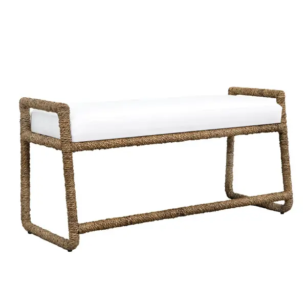A Fresh Take On Coastal Design, The Araiza Bench Features A Sturdy Iron Frame Wrapped In Natural Banana Fiber. Upholstered In A Durable Snow White Polyester Performance Fabric. Collection: Araiza Finish: Natural Banana Width: 46.25" Height: 23.00" Length: 18.50" Weight: 29.50 lb Material: BANANA FIBER AND METAL IRON Country of Origin: Indonesia Safety Rating: Indoor Only