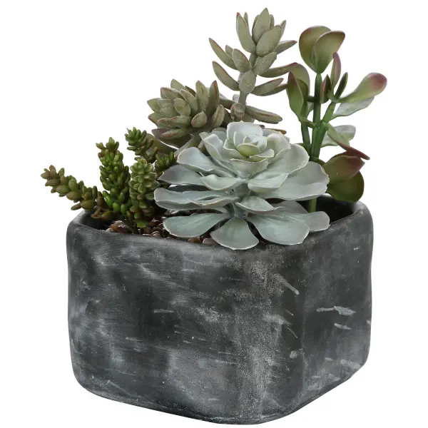 Faux succulents in a charcoal gray concrete planter bring an easy, contemporary desert-garden look to any tabletop or shelf without the upkeep of live plants.