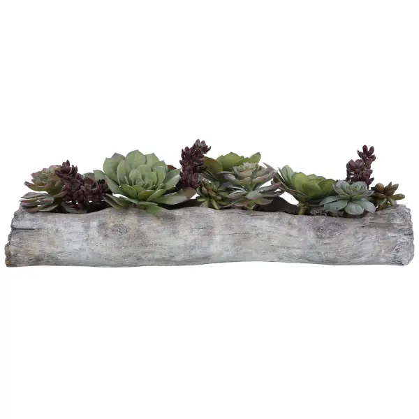 A realistic faux succulent arrangement in a driftwood-style concrete container, offering low-maintenance greenery for tabletops and shelves.