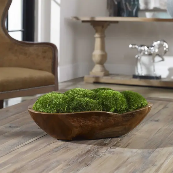 A rustic-chic natural teak wood bowl filled with preserved moss mounds, bringing organic texture to tabletops indoors.