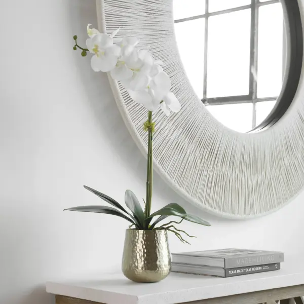 A naturally styled arrangement of preserved moss and faux orchid blooms in a hammered brass pot—an easy way to add organic warmth to a shelf, console, or desk.
