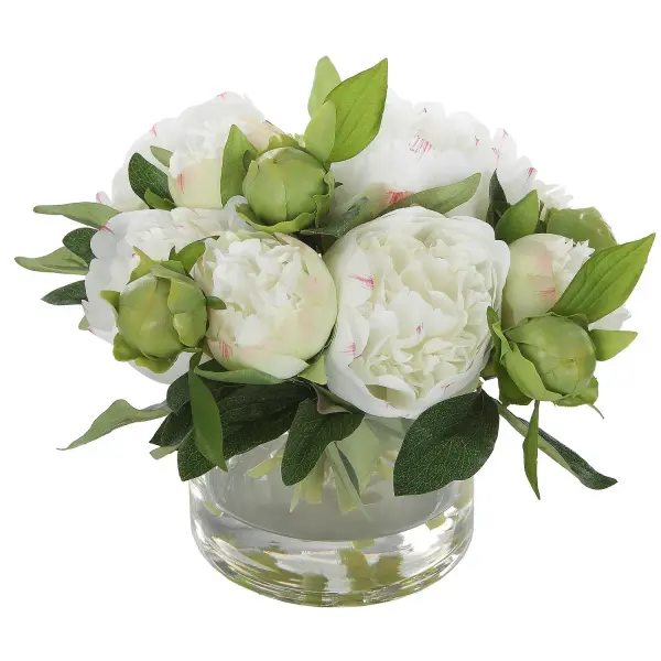 A realistic faux peony bouquet in a clear glass vase with faux water, offering maintenance-free floral beauty for tables, mantels, and shelves.