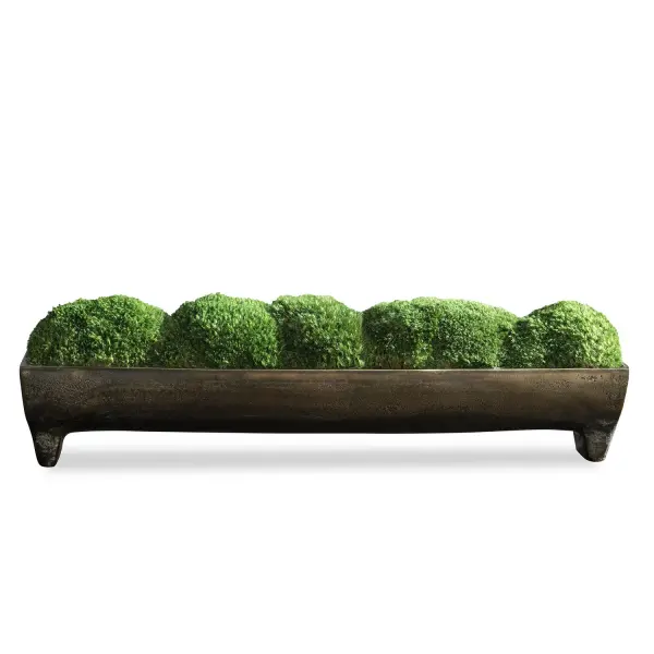 Preserved moss mounds in an aluminum footed tray with an oxidized bronze finish bring organic texture to tabletops and consoles.