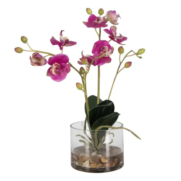 This fuchsia faux orchid in a glass container with river stones adds a graceful, decorative touch to tabletops with zero maintenance required.