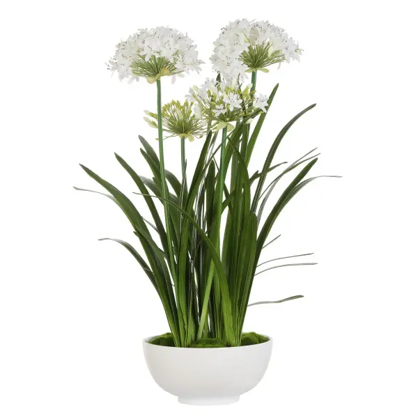 This nearly 40-inch-tall faux agapanthus in a gloss white ceramic planter makes a dramatic, low-maintenance centerpiece for entries, living rooms, and lobbies.