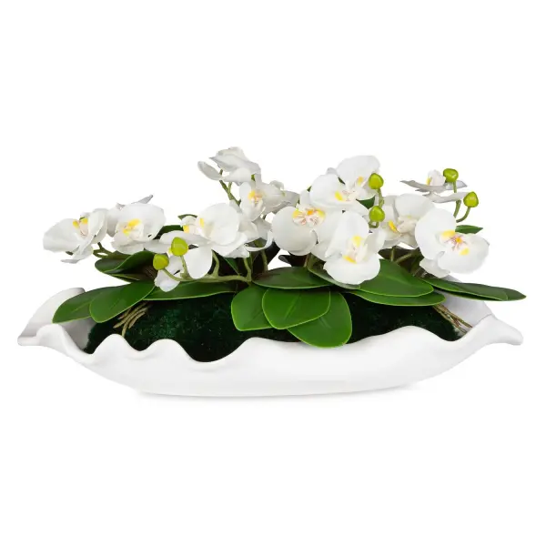 A graceful faux orchid arrangement in a matte white ceramic bowl with preserved moss, ideal for adding an organic, feminine accent to dining tables or console surfaces.
