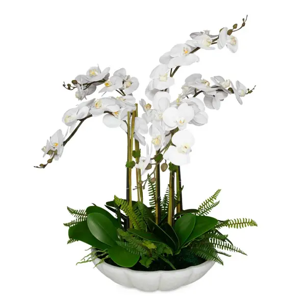 Lush, real-touch white orchids and preserved moss arranged in an elegant faux-marble bowl create an elevated, low-maintenance floral statement.