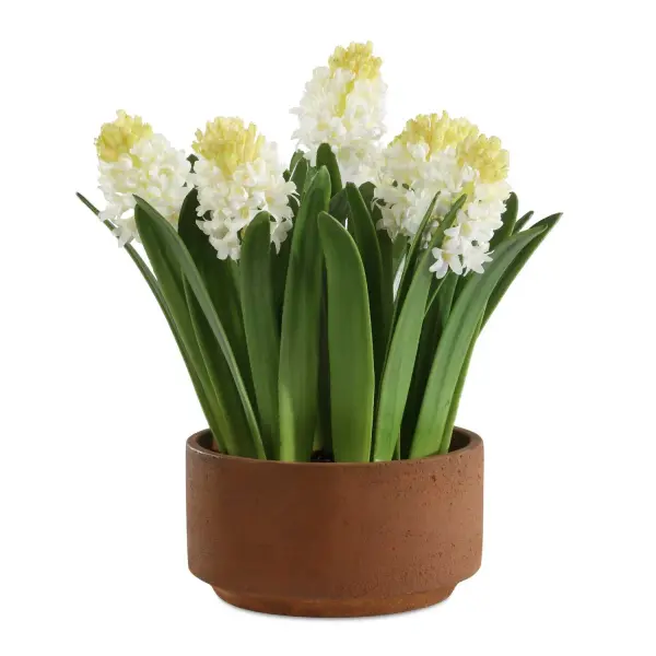 This faux hyacinth arrangement in a terracotta-finished planter brings a soft, spring-inspired touch to tabletops and shelves with realistic white blooms.