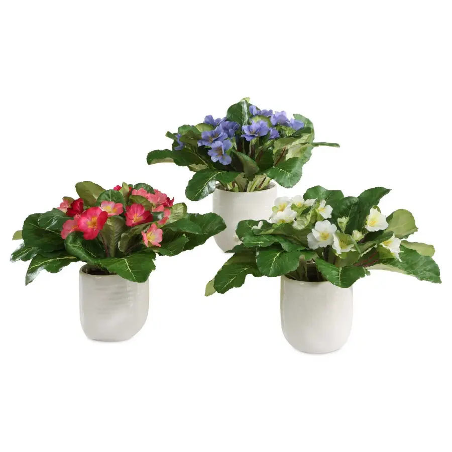 Uttermost Trilogy Primrose Faux Primula Accents in White Ceramic Vases, Set of 3