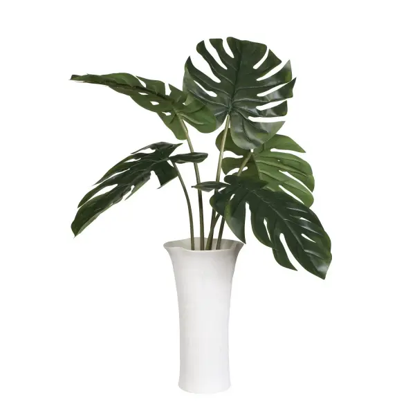 This oversized faux-monstera arrangement in a textured white ceramic vase delivers dramatic architectural impact for large living rooms, foyers, and hospitality lobbies.