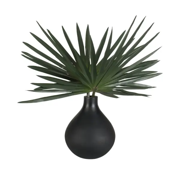 A striking faux fan palm in a matte black teardrop vase, blending sculptural form with natural texture for an effortless modern-organic accent.