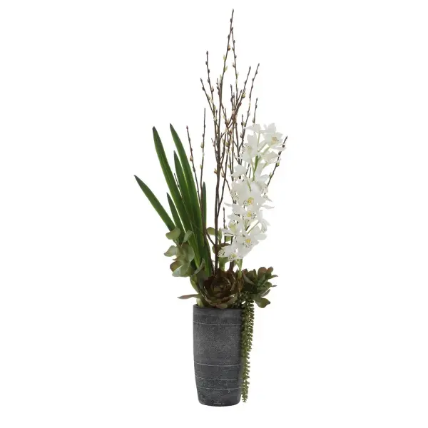 This tall faux orchid centerpiece pairs lifelike white blooms with a textured concrete base, delivering elegant height and organic drama to entryways and living spaces.