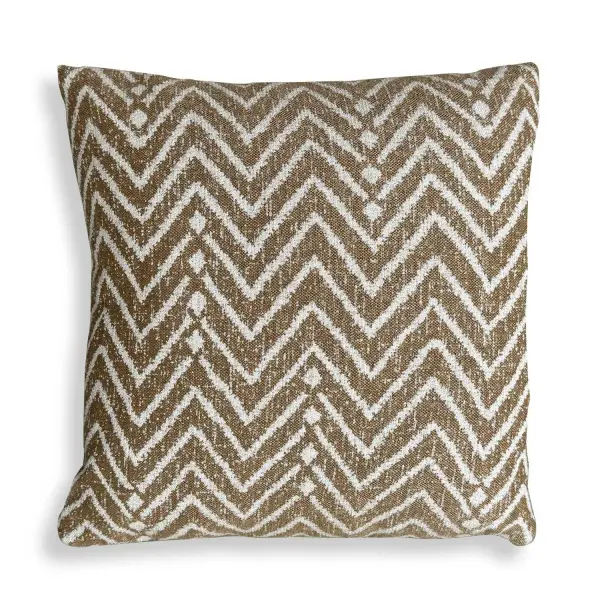 This 20-inch square pillow pairs a cream geometric pattern on a toffee ground with durable Sunbrella acrylic fabric, making it a versatile accent for indoor or outdoor seating.